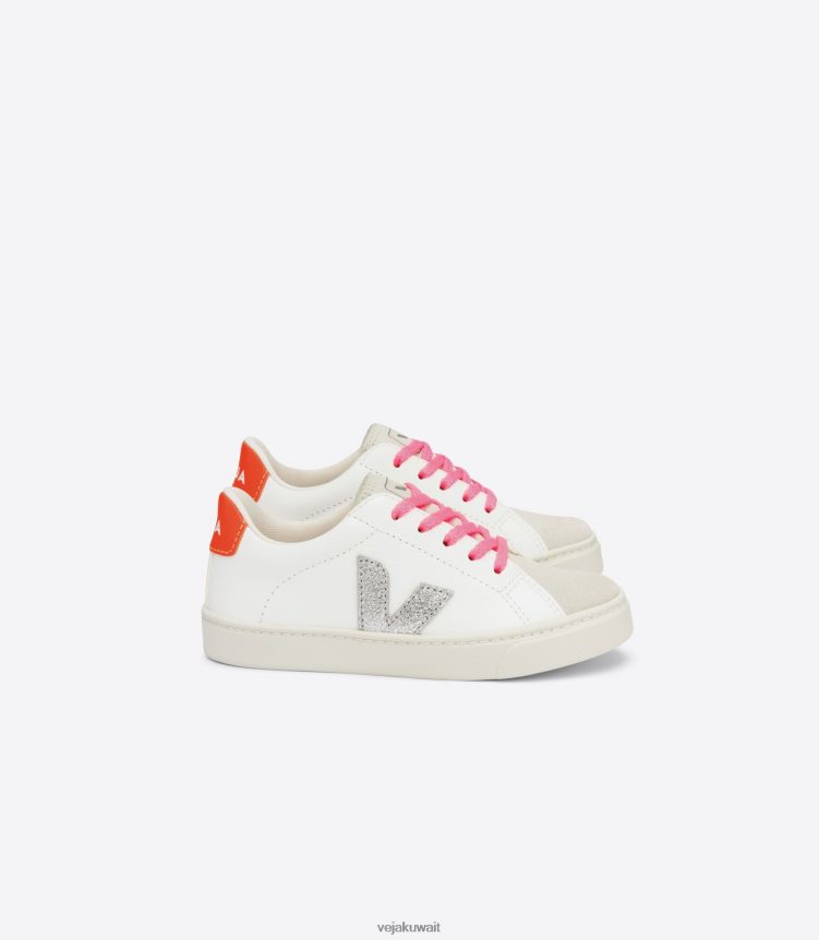 Veja أحذية أطفالأربطة إسبلار جلد خالي من الكروم باللون الأبيض والفضي والبرتقالي 24J26Z335