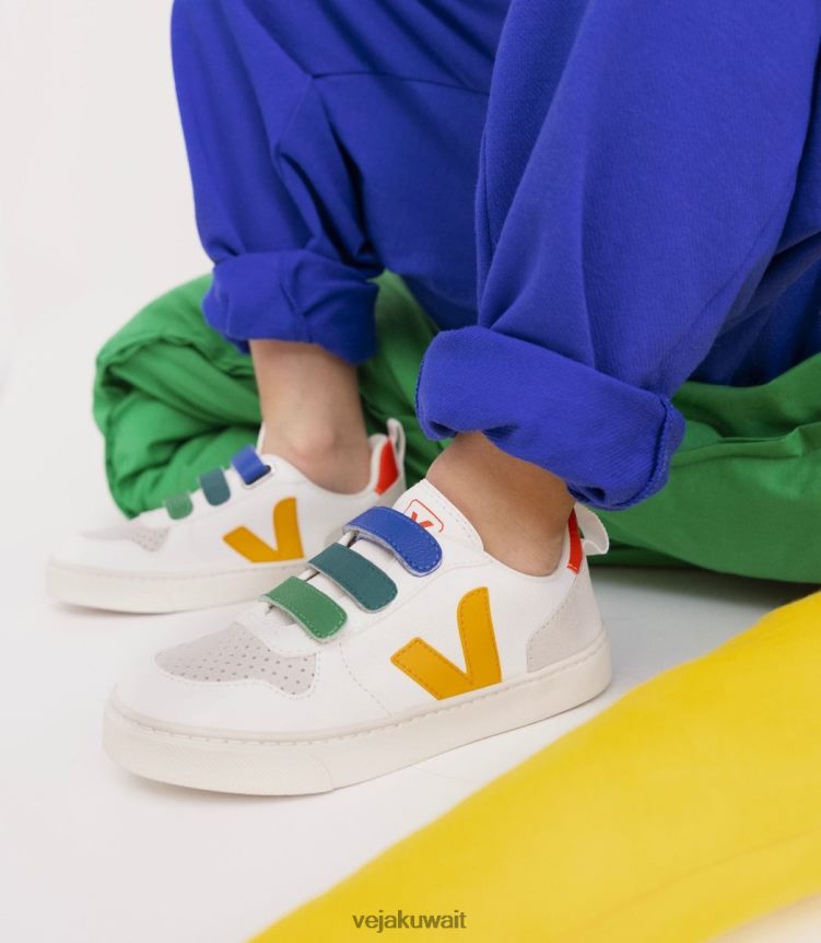 Veja أحذية أطفالV-10 جلد خالٍ من الكروم متعدد الألوان باللون الأبيض 24J26Z354